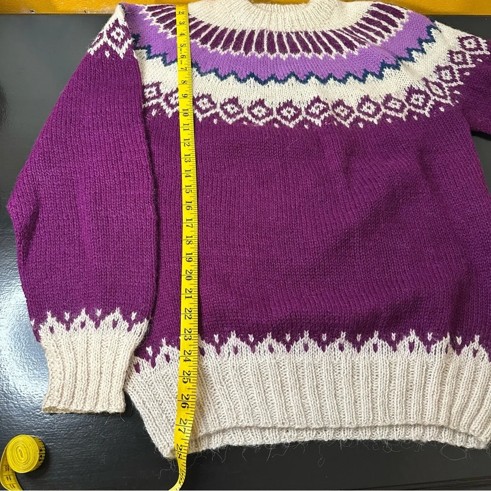 Purple and Cream Hand knitted Wool Women's Sweater - Picture 6 of 8